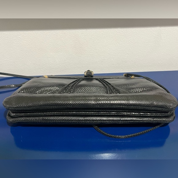 Judith Leiber Leather Snakeskin Reptile Bag Purse Clutch Black Gold Vintage 80s - Picture 9 of 12